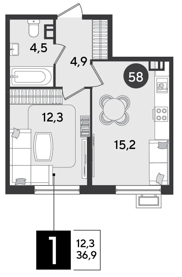 1-комн. 36.9 м²