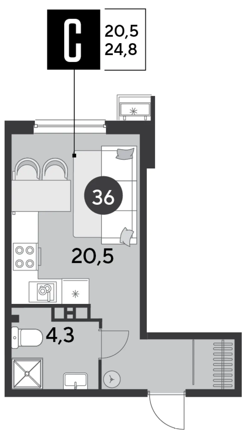 Студия 24.8 м²