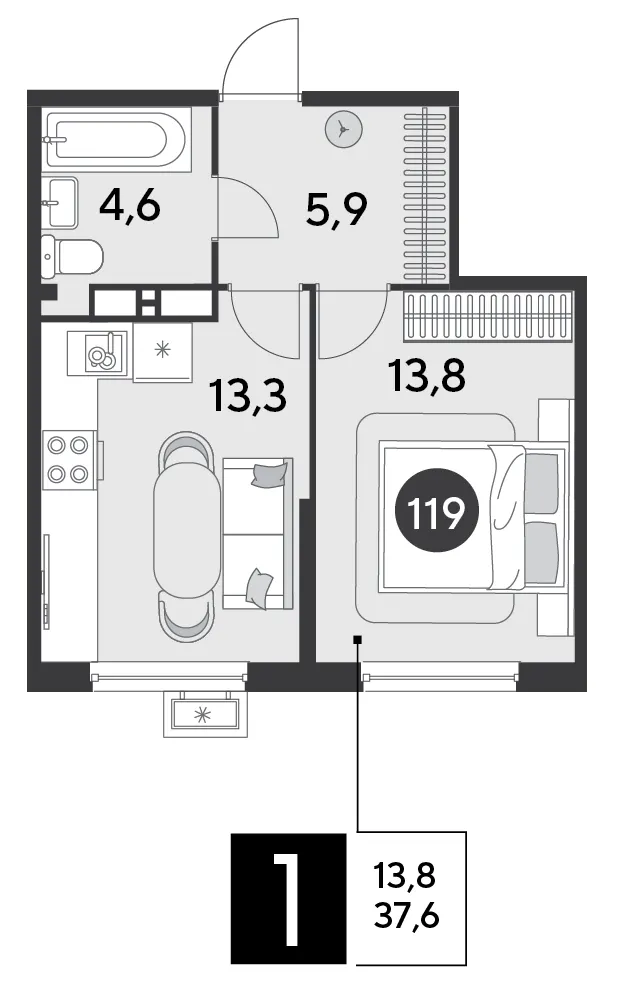 1-комн. 37.6 м²