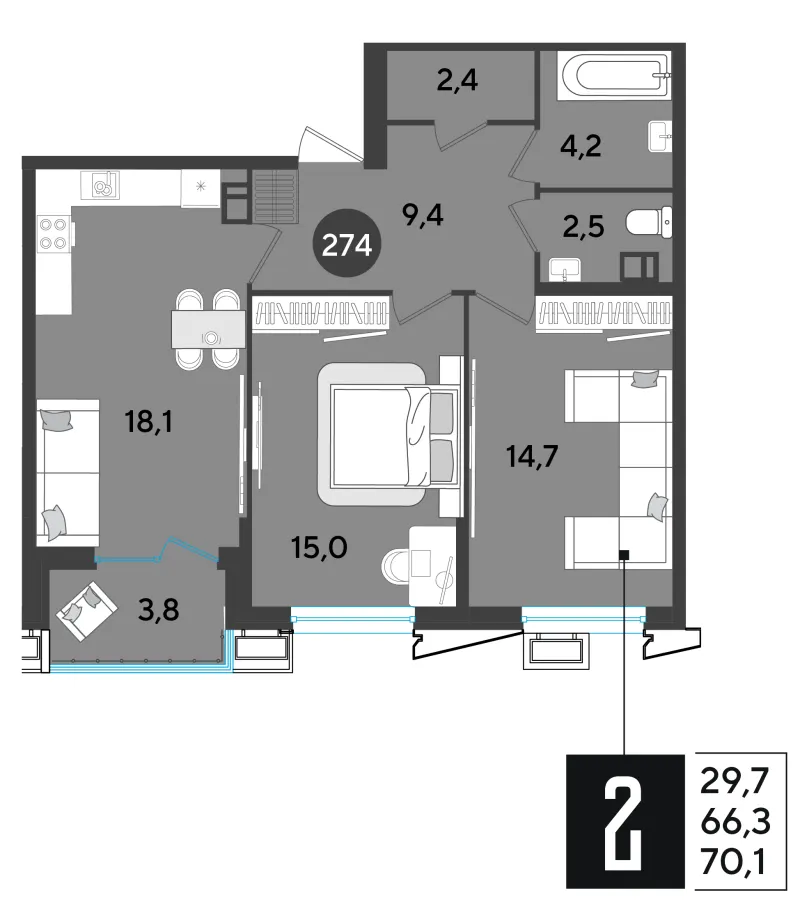 2-комн. 70.3 м²