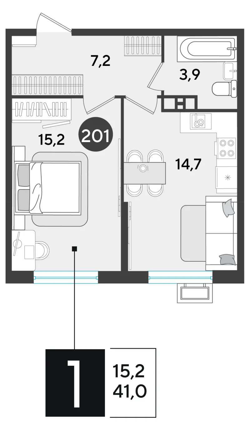 1-комн. 41 м²