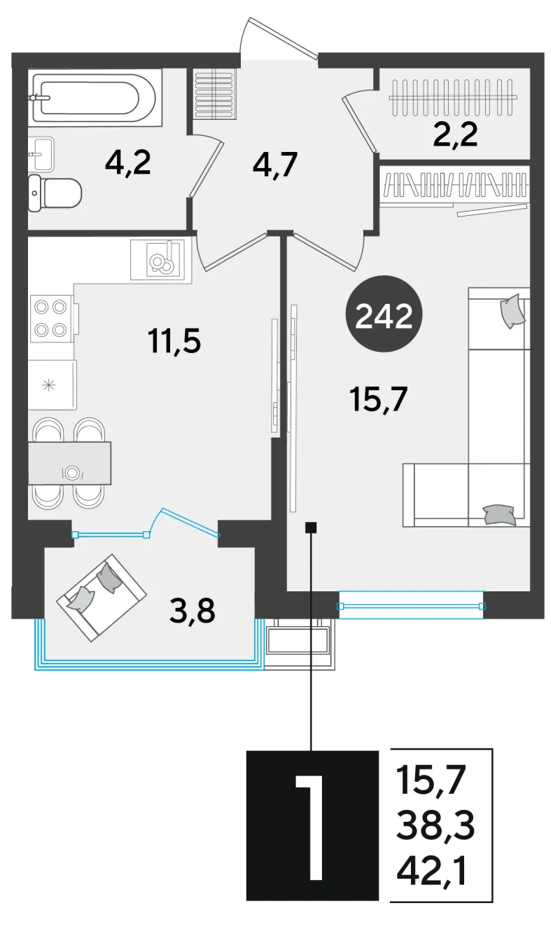 1-комн. 42.3 м²