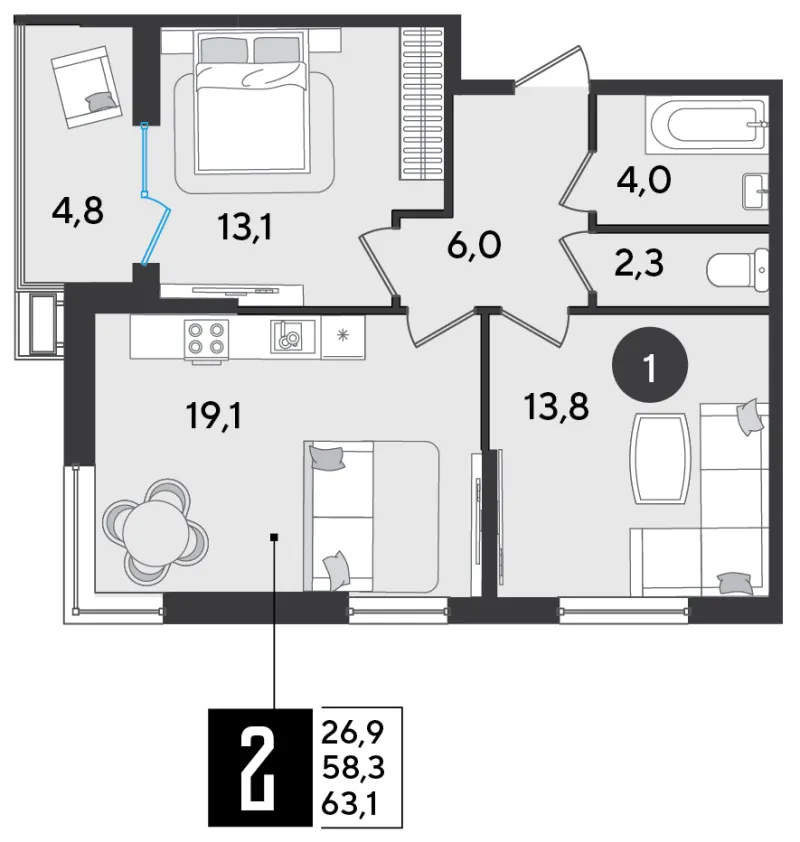 2-комн. 63.1 м²