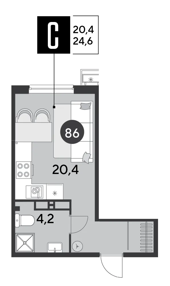 Студия 24.6 м²