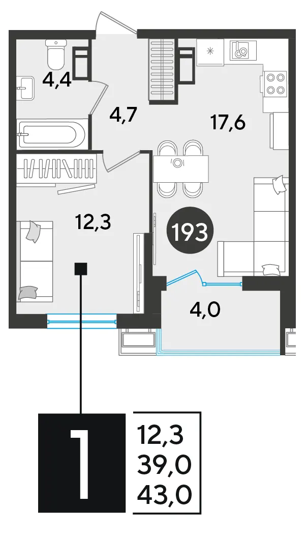1-комн. 43 м²