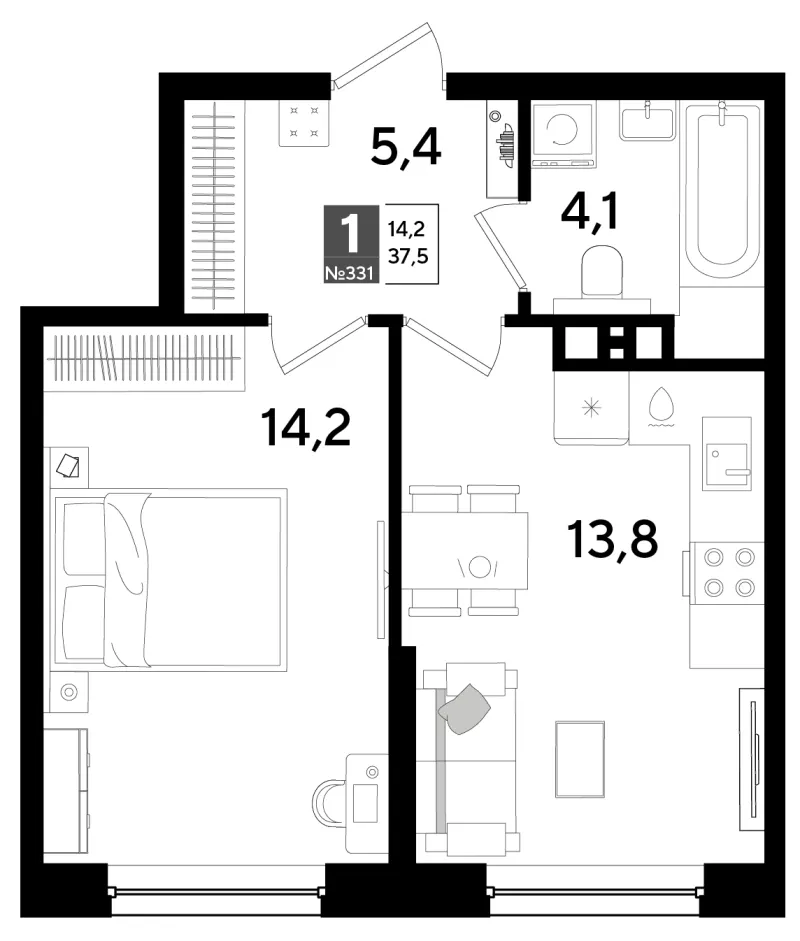 1-комн. 37.5 м²