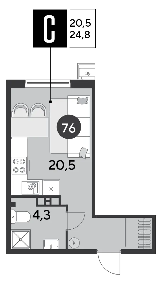 Студия 24.8 м²