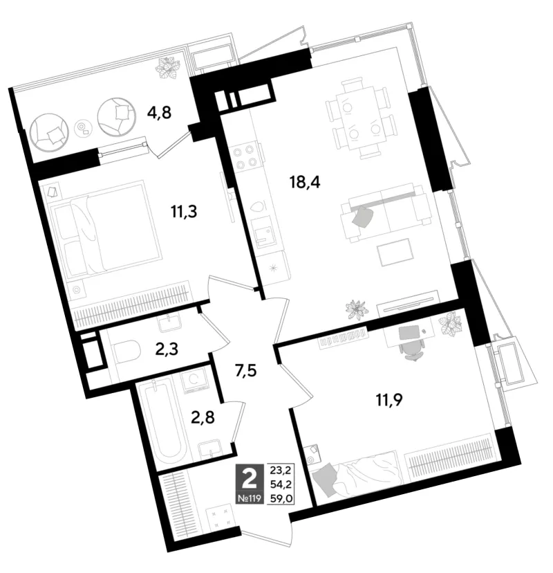 2-комн. 59.6 м²