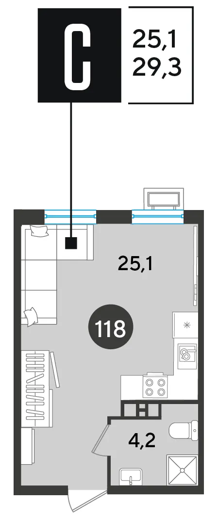 Студия 29.3 м²