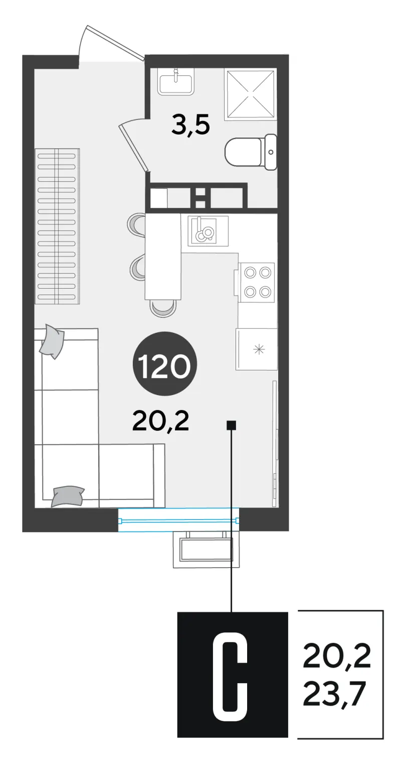 Студия 23.7 м²