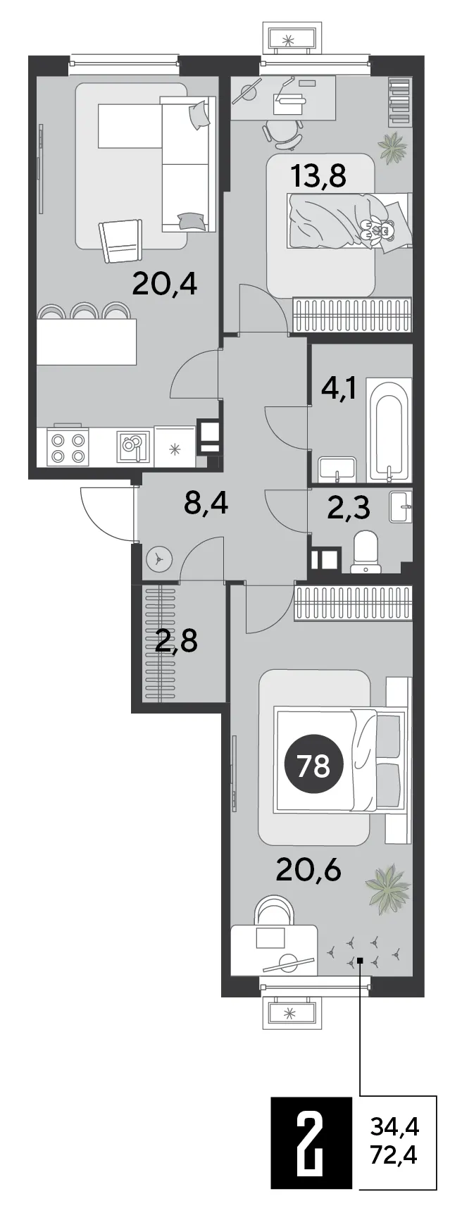 2-комн. 72.4 м²