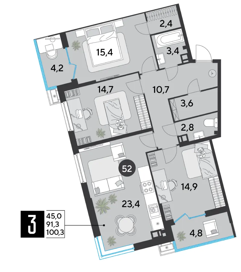 3-комн. 100.3 м²