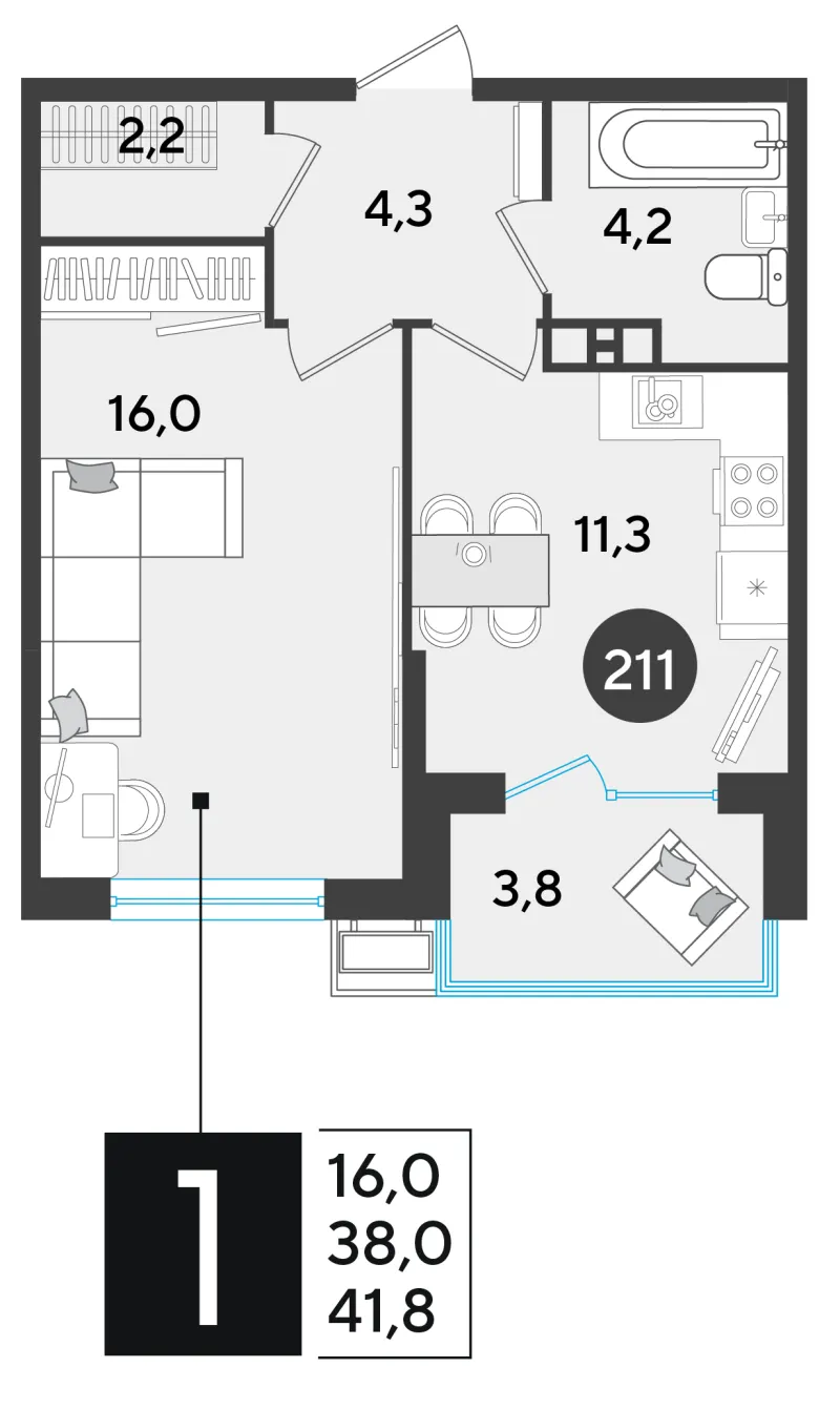 1-комн. 41.8 м²