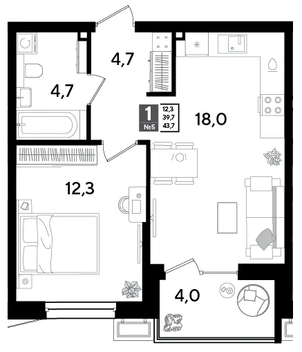 1-комн. 43.7 м²