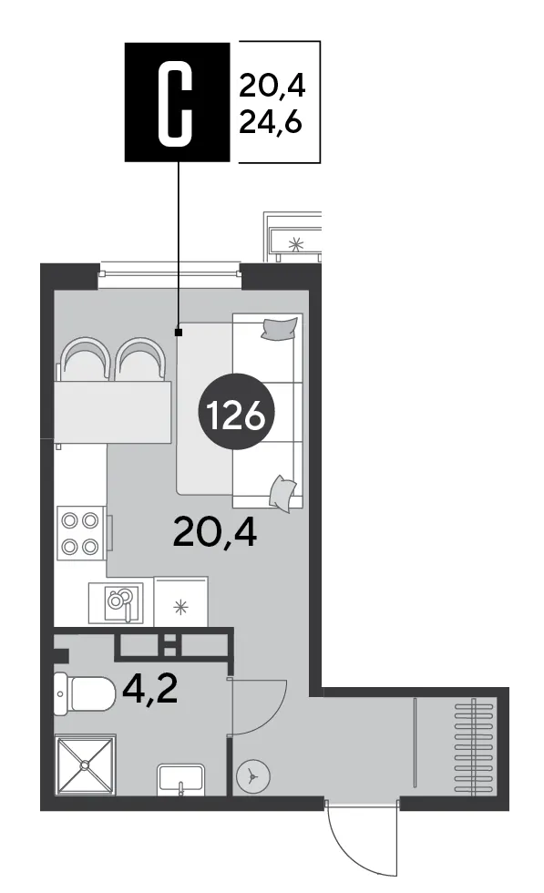 Студия 24.6 м²
