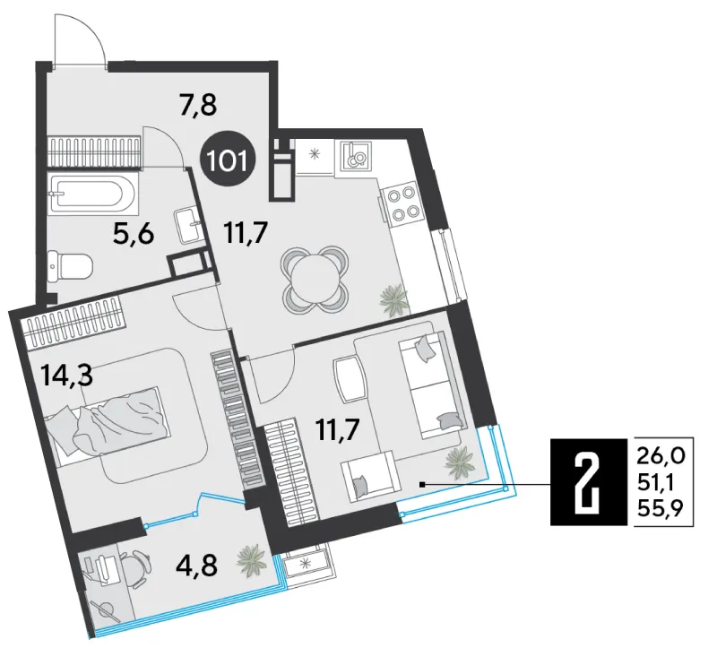 2-комн. 55.9 м²