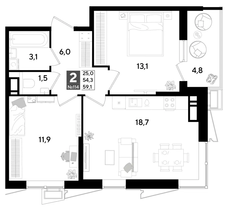 2-комн. 59.9 м²