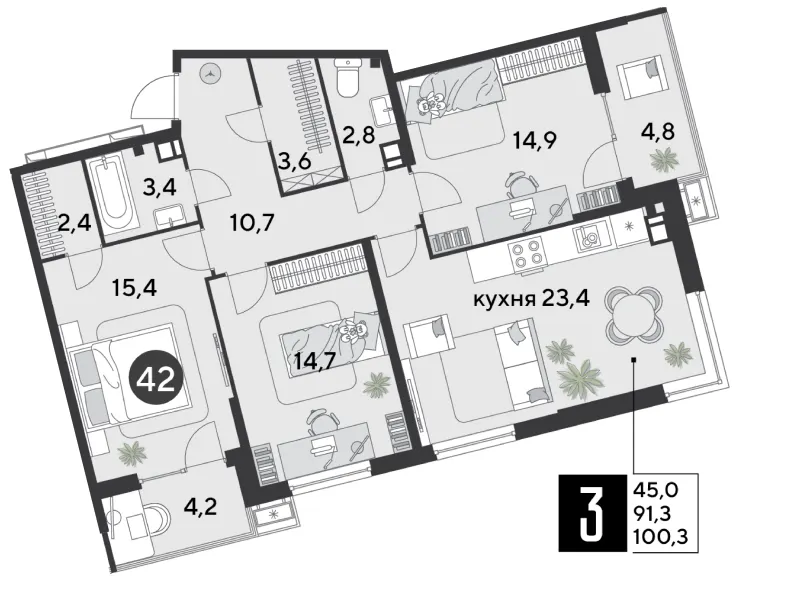 3-комн. 100.3 м²