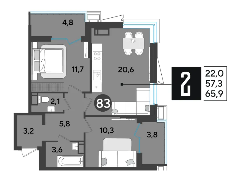 2-комн. 66.6 м²