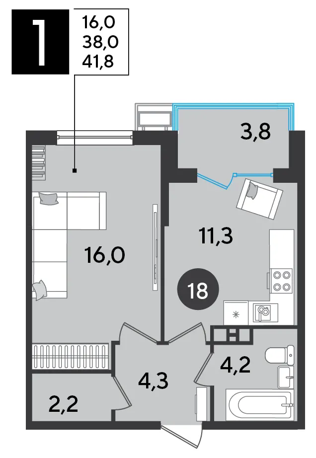 1-комн. 41.8 м²