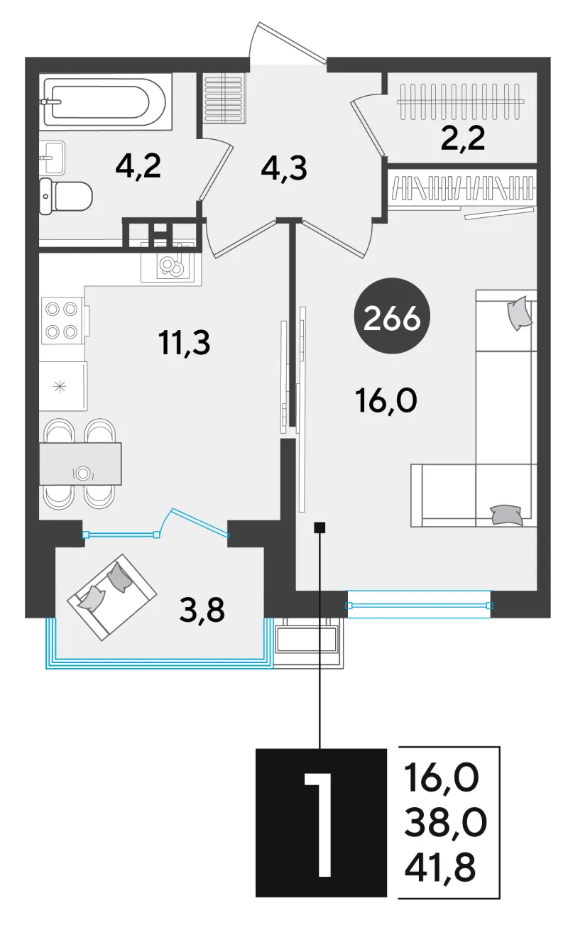 1-комн. 42.2 м²