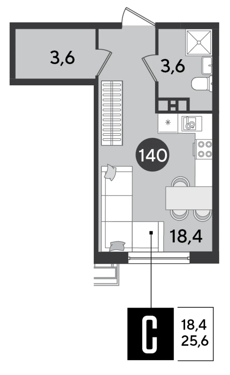 Студия 25.6 м²