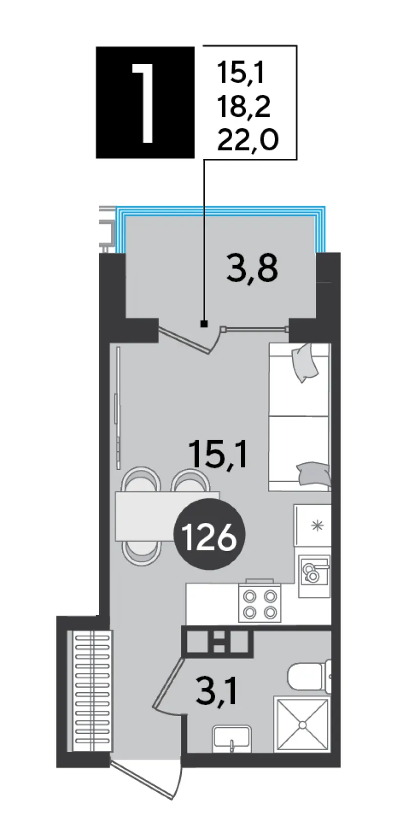 Студия 22 м²
