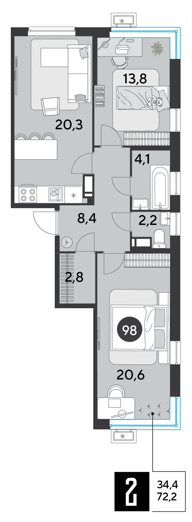 2-комн. 72.2 м²