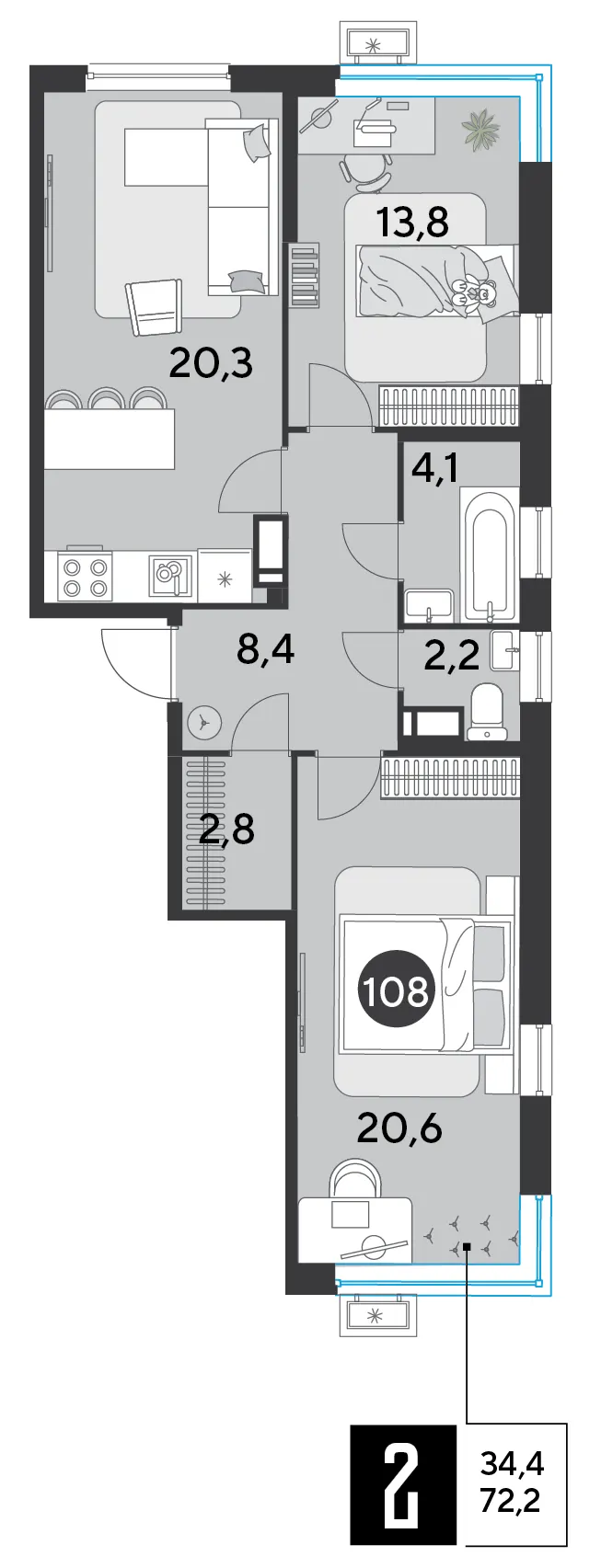 2-комн. 72.2 м²