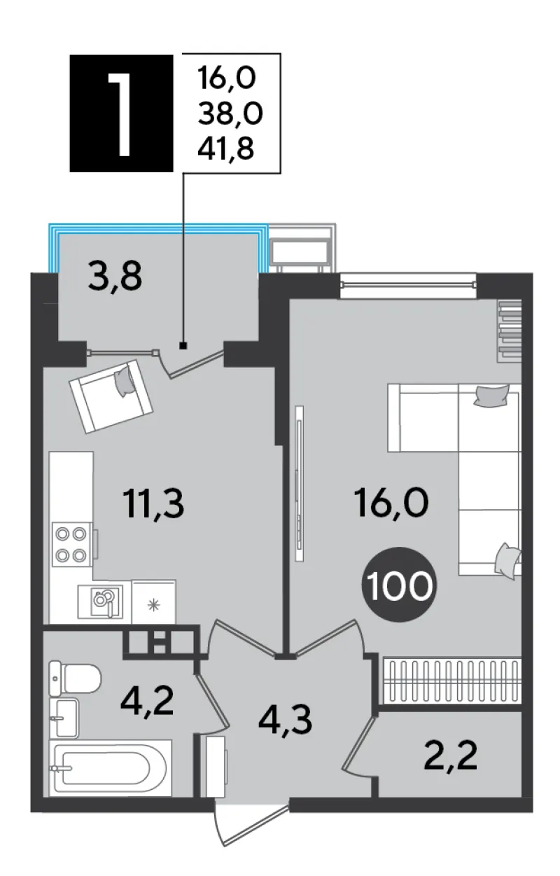 1-комн. 41.8 м²