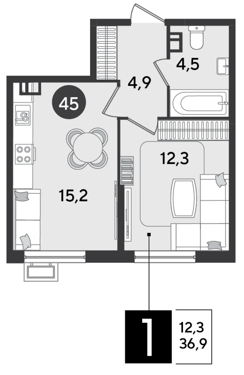 1-комн. 36.9 м²