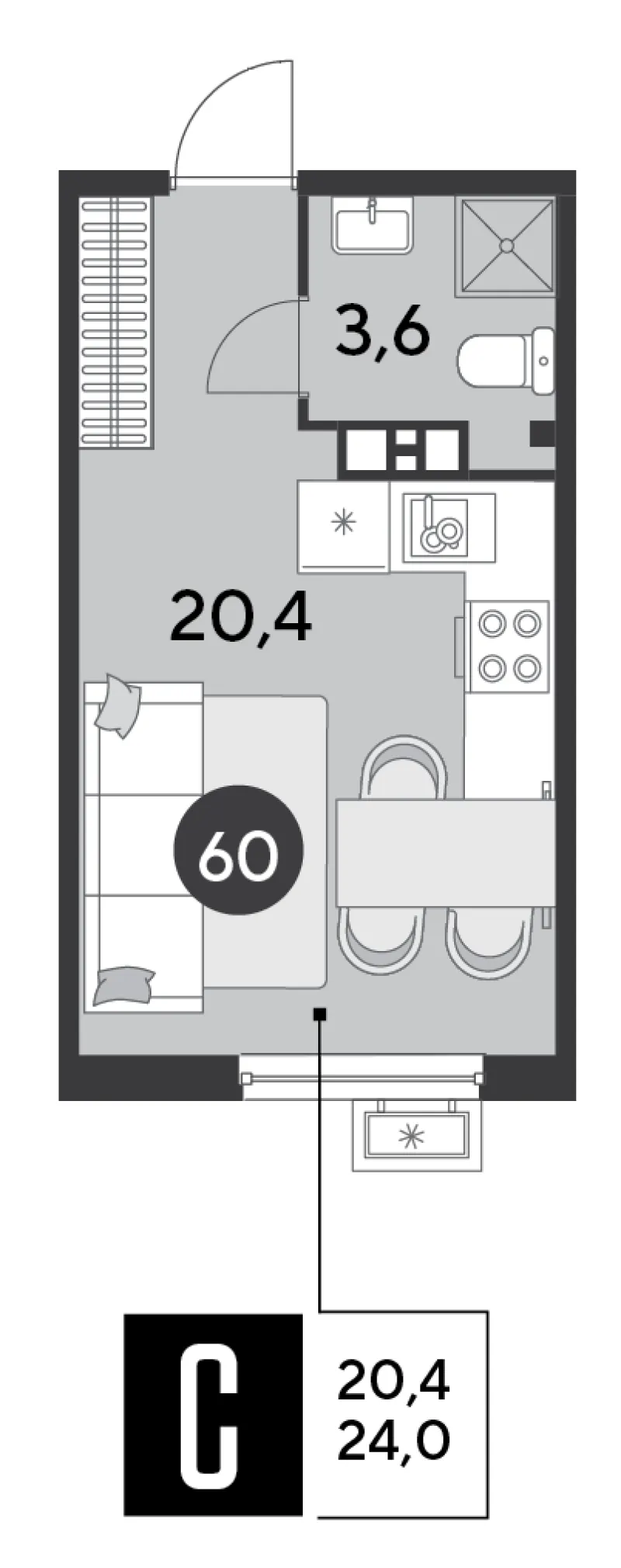 Студия 24 м²