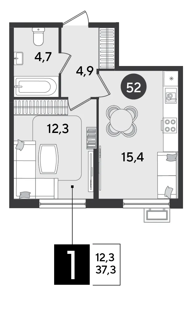 1-комн. 37.3 м²