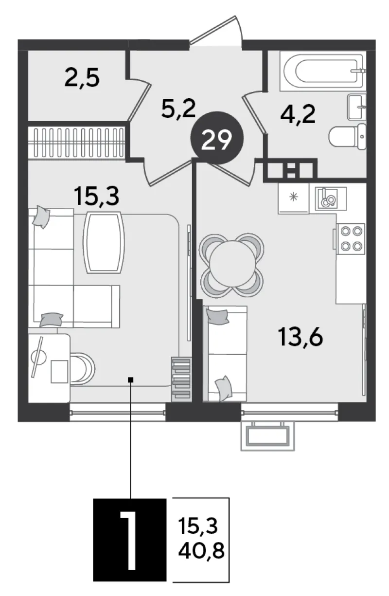 1-комн. 40.8 м²