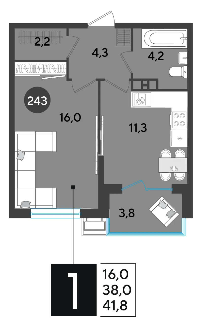 1-комн. 42.2 м²
