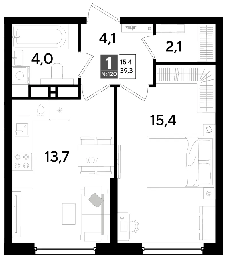 1-комн. 39.3 м²