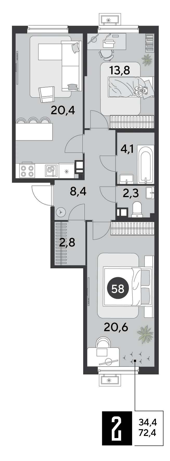 2-комн. 72.4 м²