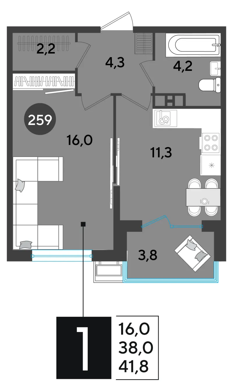 1-комн. 41.9 м²
