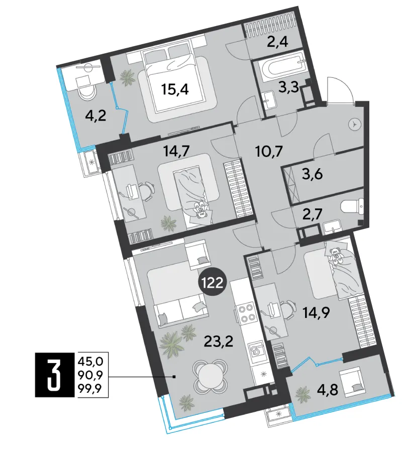 3-комн. 99.9 м²