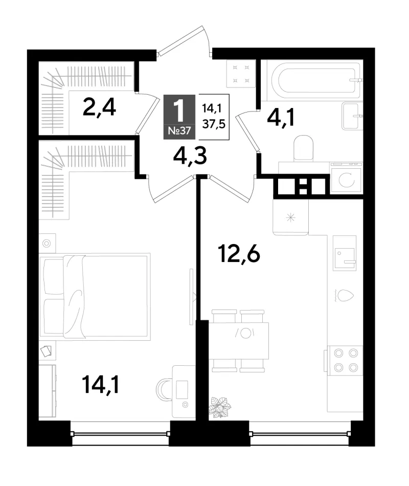 1-комн. 37.5 м²