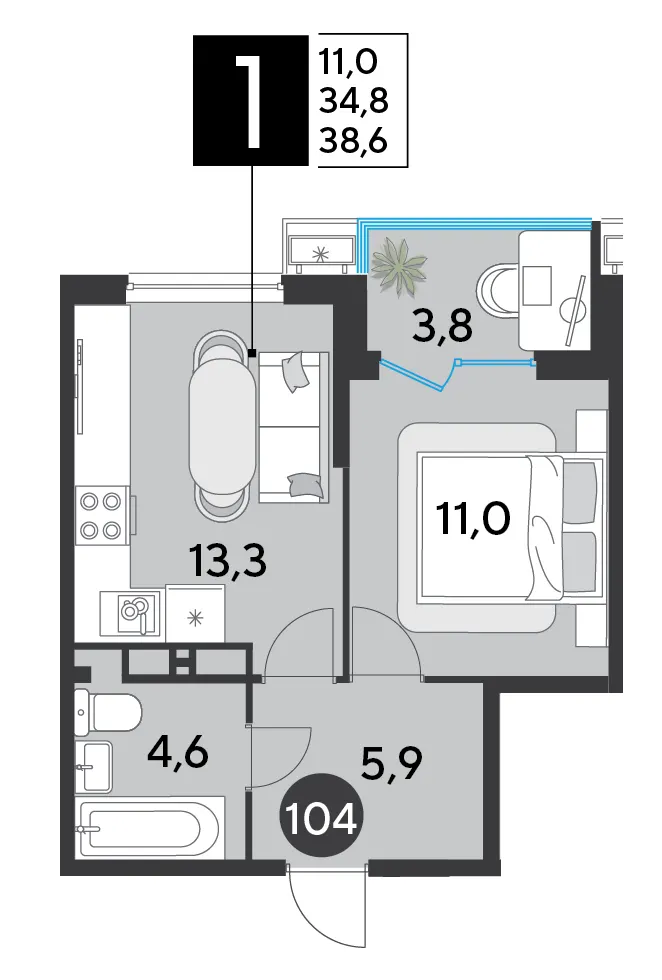1-комн. 38.6 м²