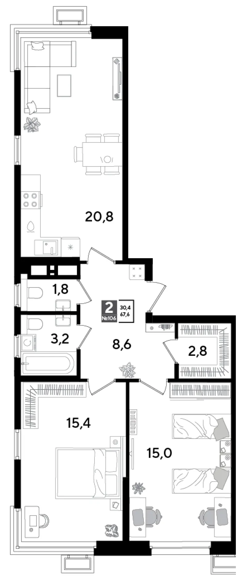 2-комн. 67.6 м²