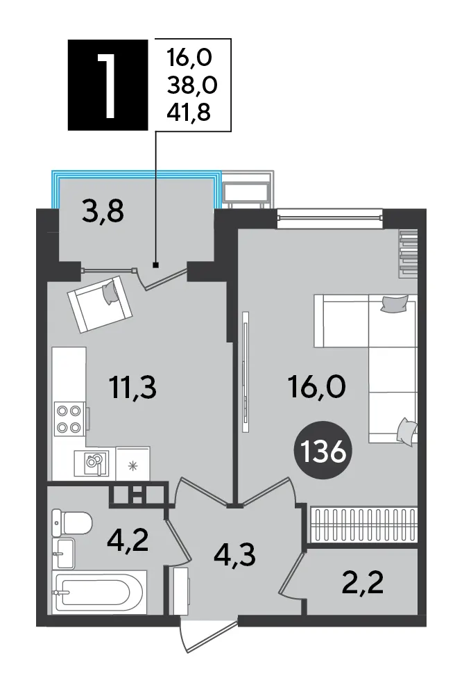 1-комн. 41.8 м²