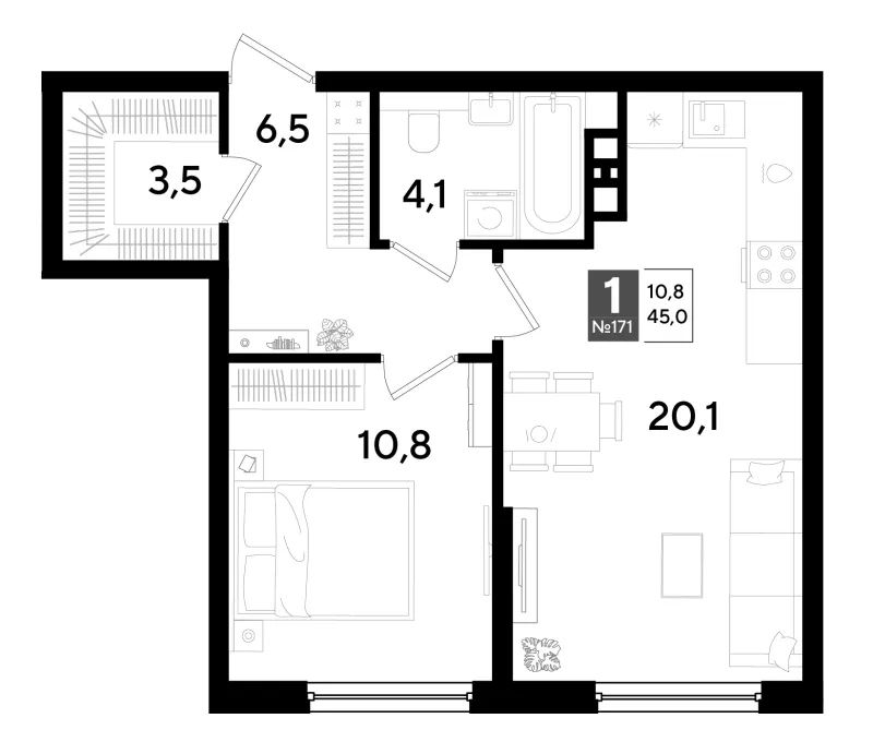 1-комн. 45 м²