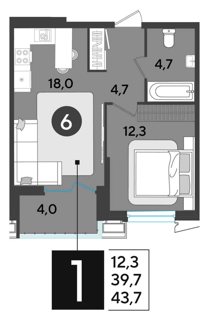 1-комн. 44.7 м²