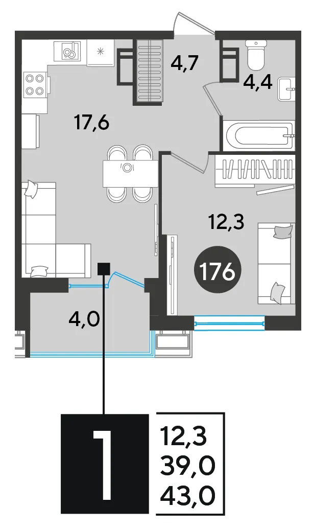 1-комн. 43 м²