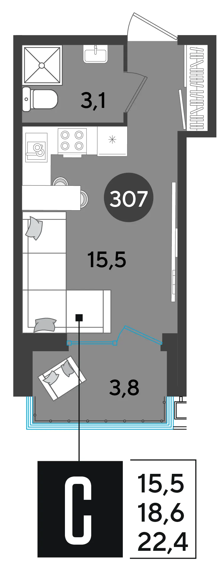 Студия 22.9 м²