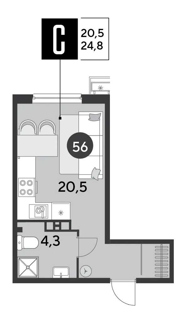 Студия 24.8 м²