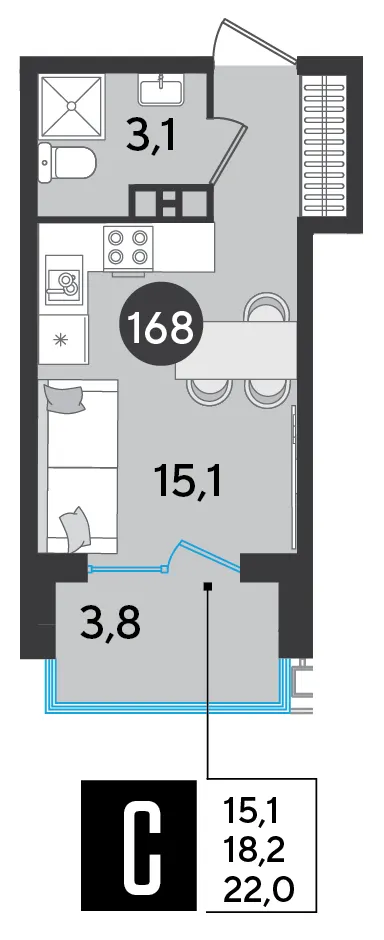 Студия 22 м²