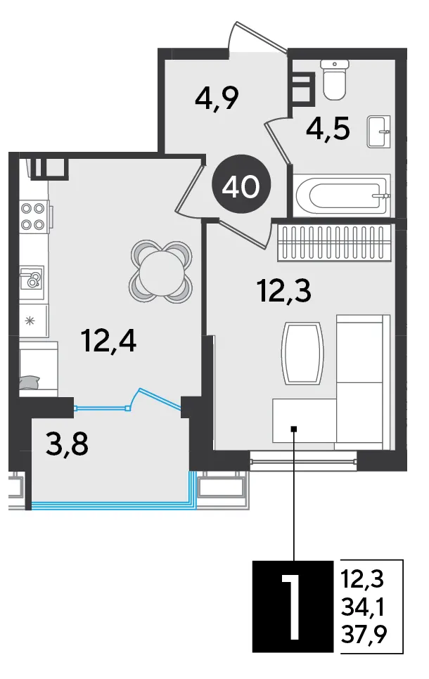1-комн. 37.9 м²